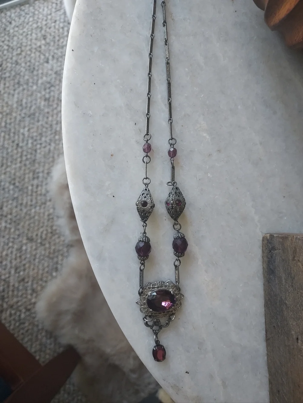 Vintage-Style Gothic Pewter Necklace with Amethyst Gemstones